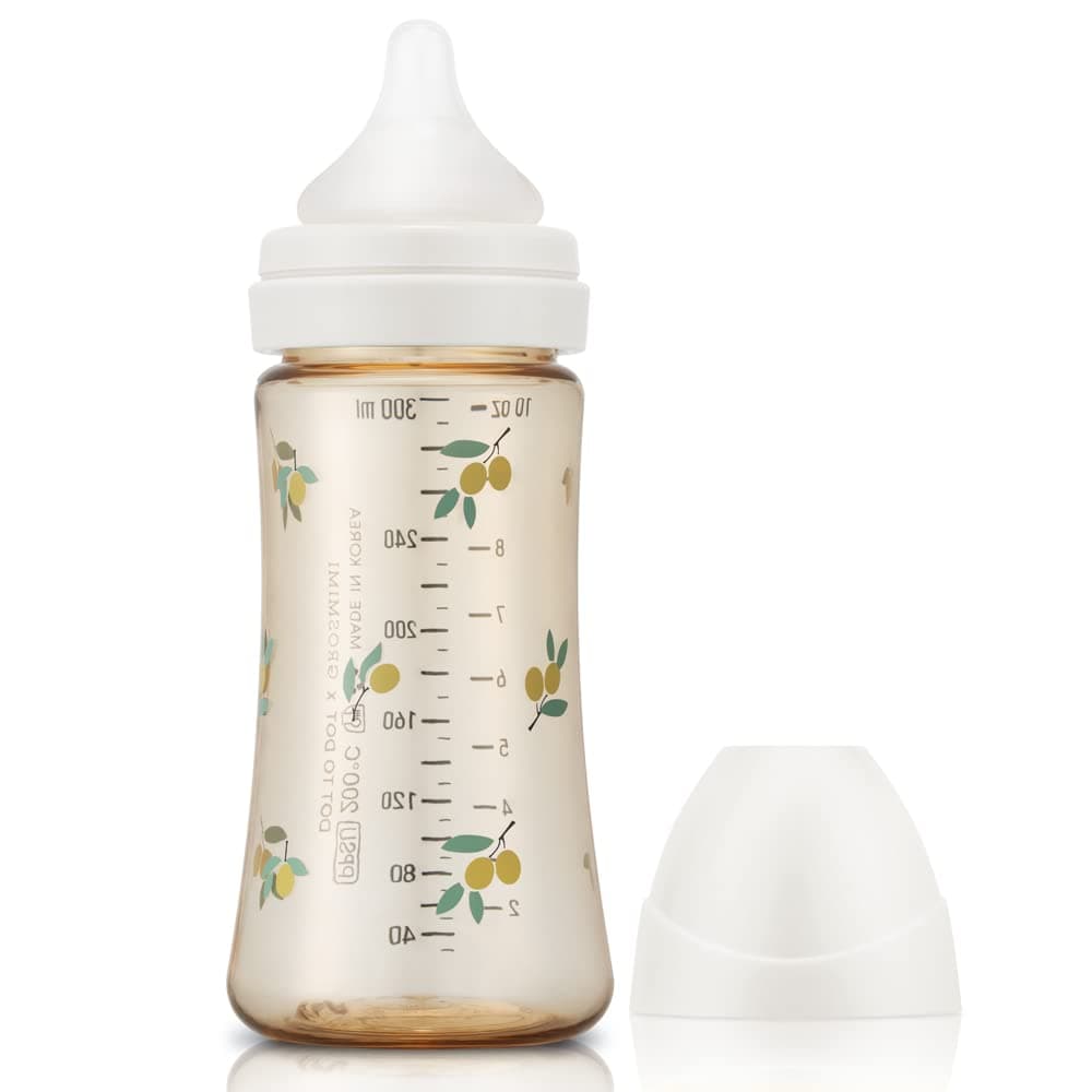 Grosmimi PPSU Straw Cup components — bottle, one-touch cap, silicone straw teat, handle, straw tube, and weighted straw kit