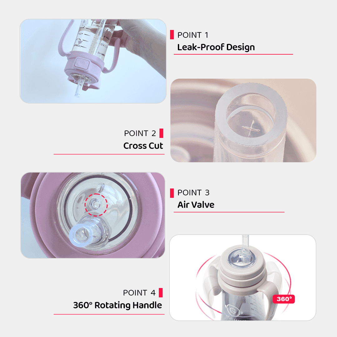 Grosmimi straw cup engineering details — ergonomic silicone tip, controlled flow rate, and clear inner tip design