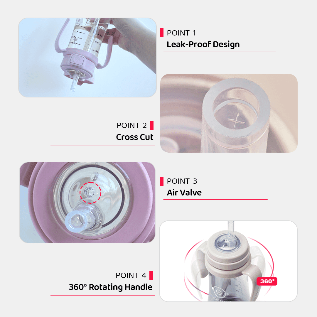 Grosmimi straw cup engineering details — ergonomic silicone tip, controlled flow rate, and clear inner tip design