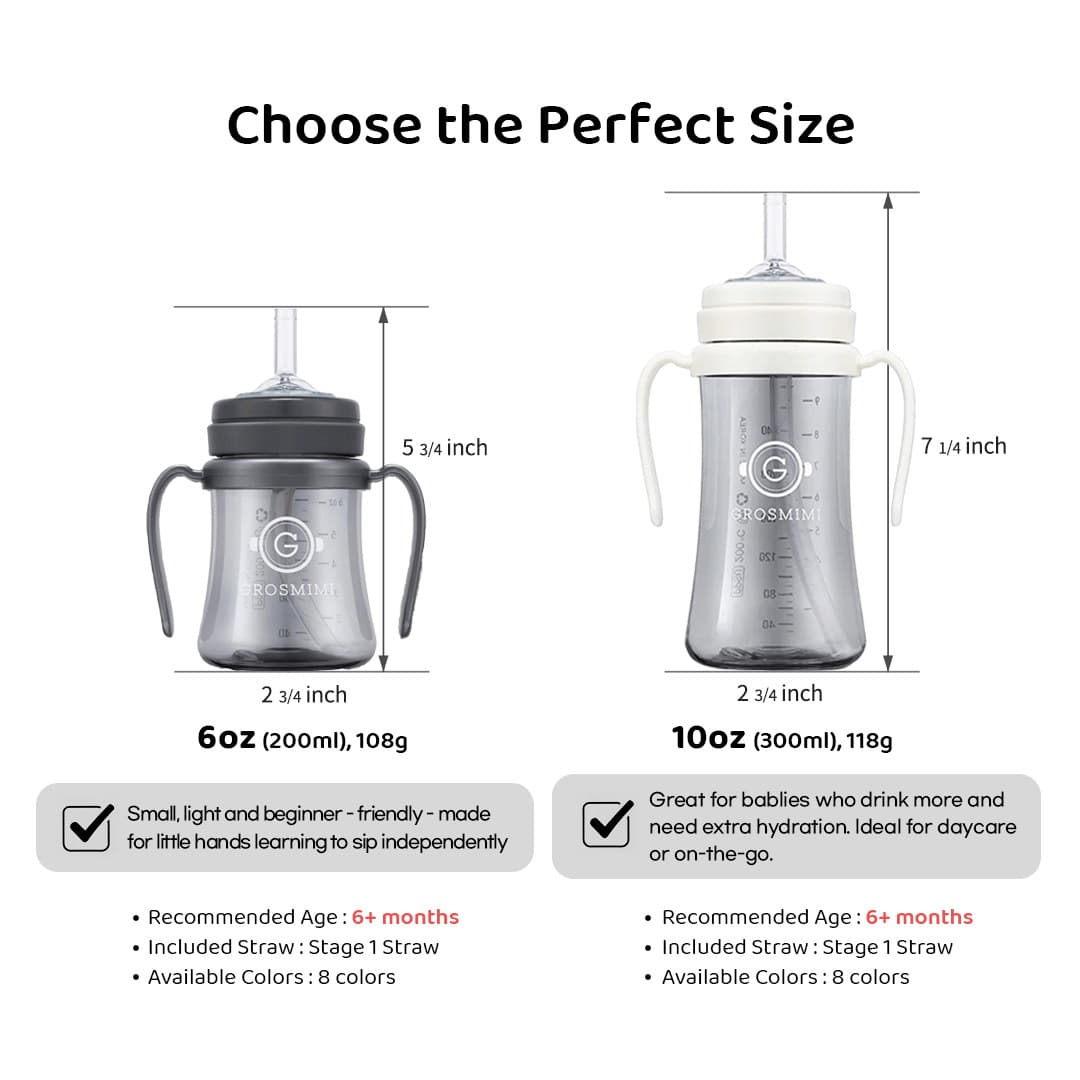 Grosmimi PPSU Straw Cup 200ml and 300ml size comparison side by side