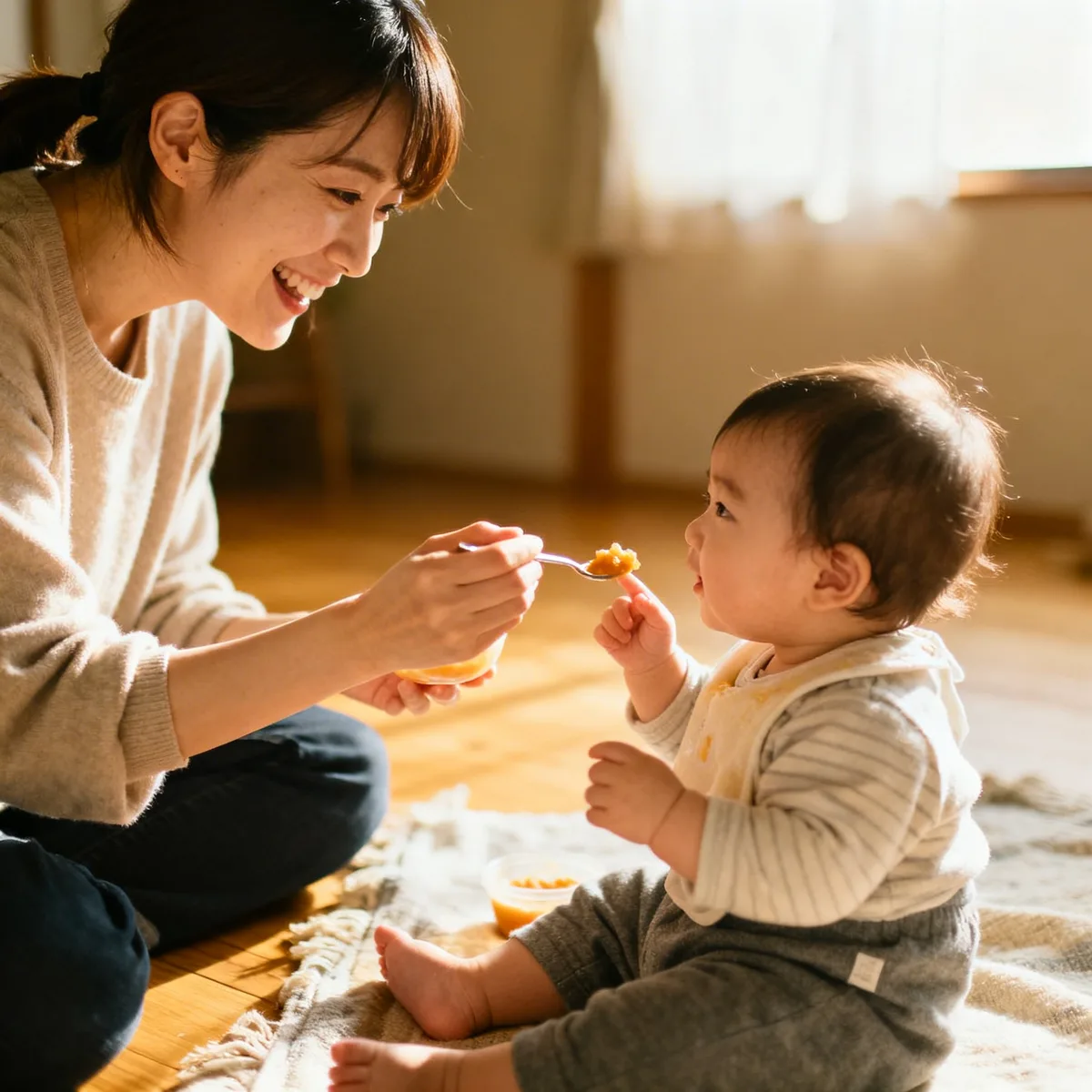 Mother and baby in warm lifestyle photo, BLW vs Purees: What Nobody Actually Tells You