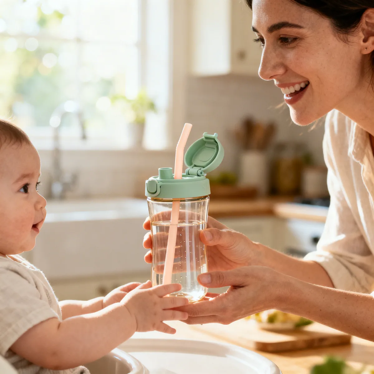 Mother introducing baby to a Grosmimi-style PPSU straw cup in a bright kitchen