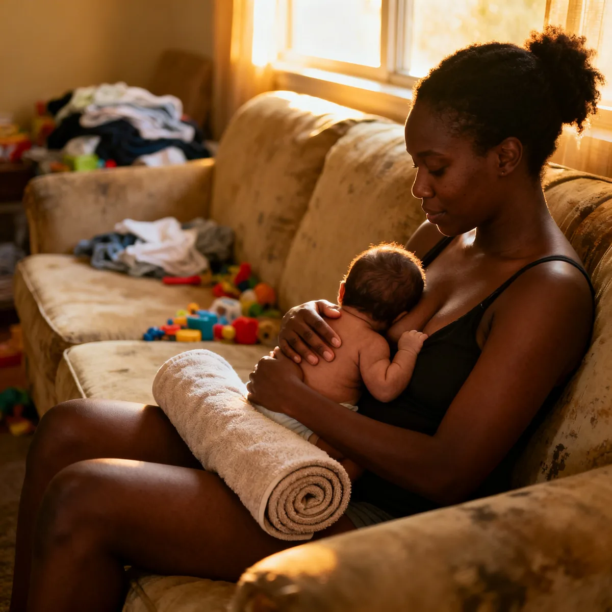 Mother nursing baby using rolled towel as nursing pillow alternative in natural window light