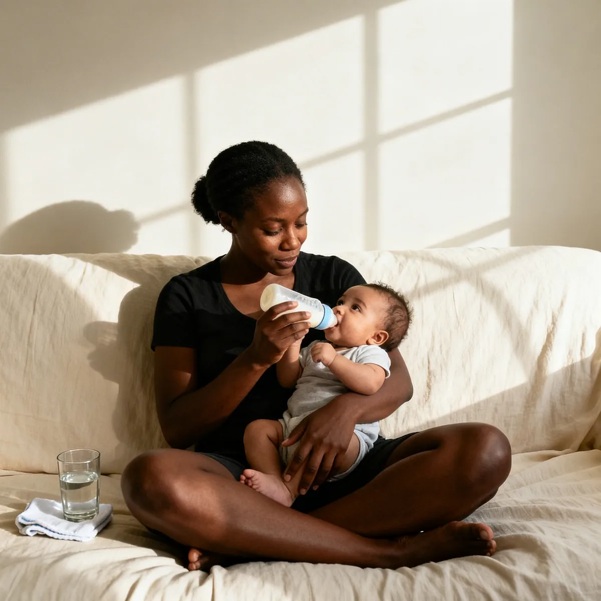 Mother practicing paced bottle feeding with baby at controlled angle in natural light