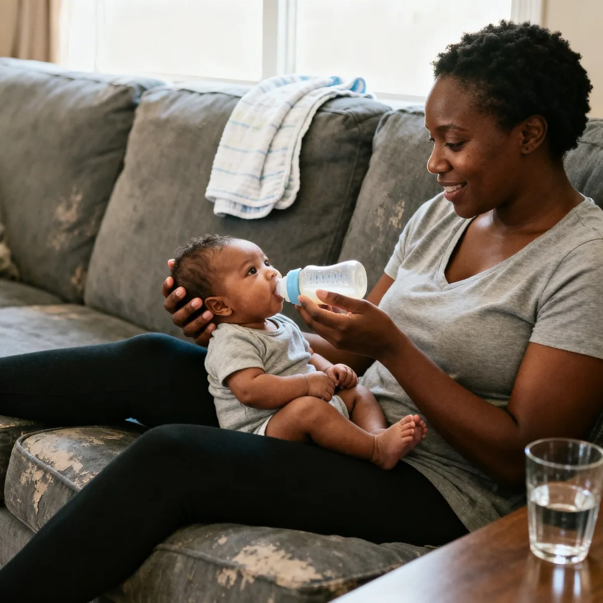 Black mother bottle-feeding her baby a slow-flow bottle designed for breastfed babies on a couch