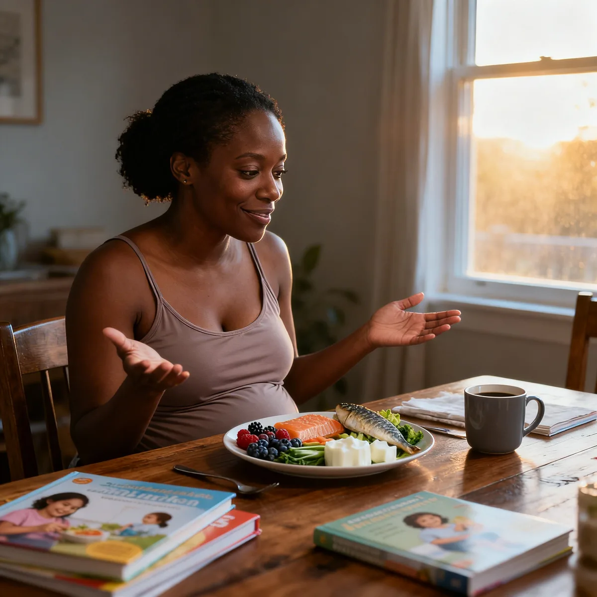 Mother at table considering foods to avoid when breastfeeding, looking relieved and thoughtful