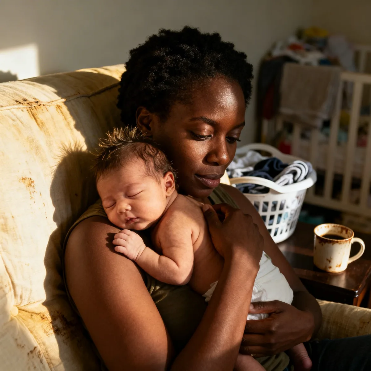 Mother holding sleepy 1-month-old baby on shoulder during wake window, natural afternoon light