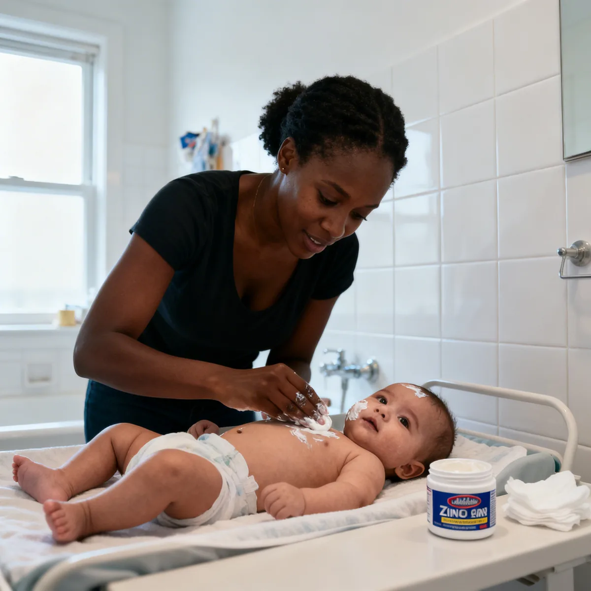 Mother applying diaper rash treatment cream to baby during changing with natural window light