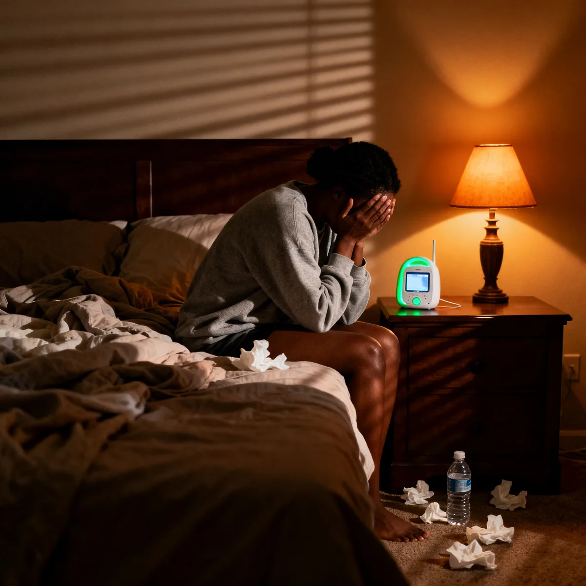 Tired mother on bed at night considering cry it out method for baby sleep training