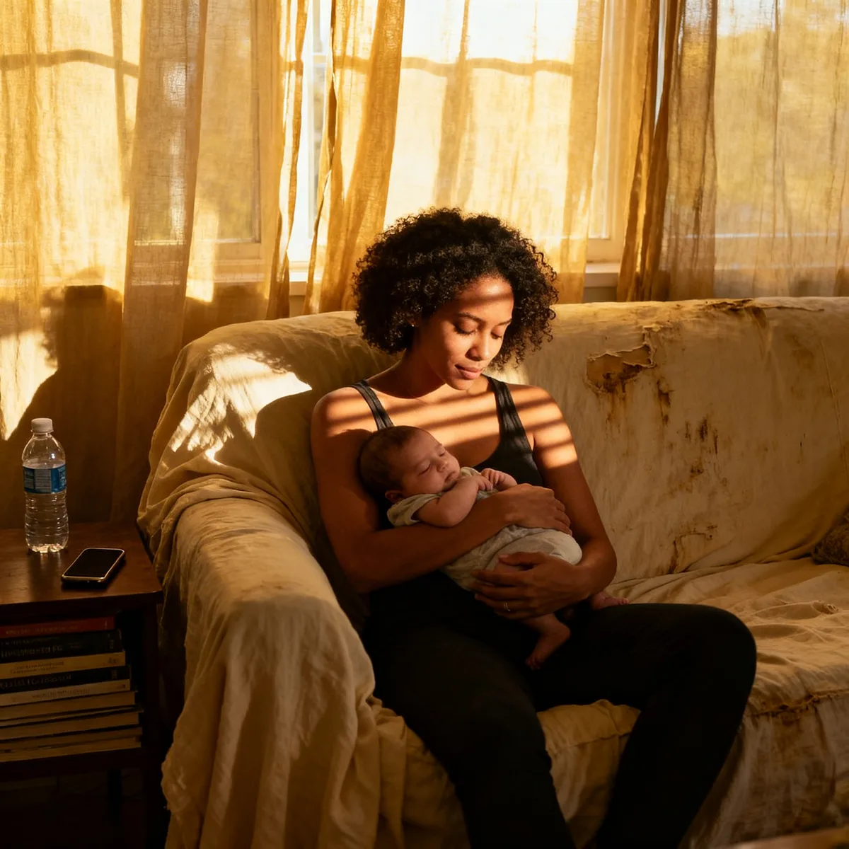Mother feeding baby on couch in natural light, honest breastfeeding moment