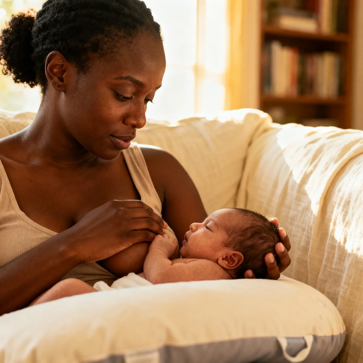 Mother nursing baby on couch with nipple pain while breastfeeding support