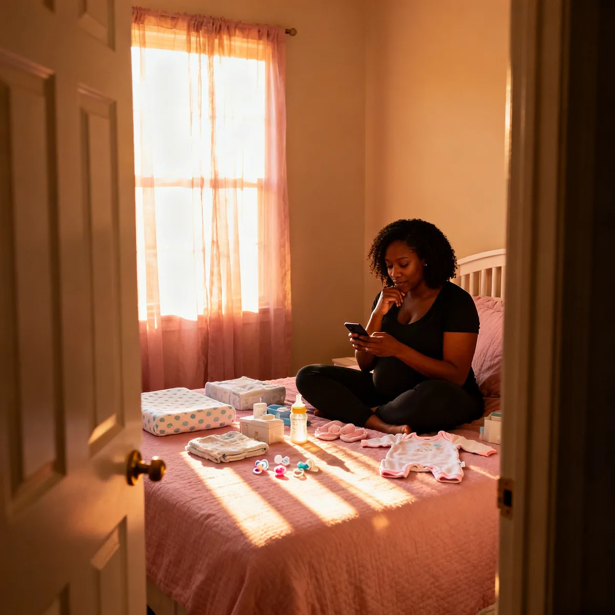 First-time mom reviewing baby registry checklist items on bed with essentials around her