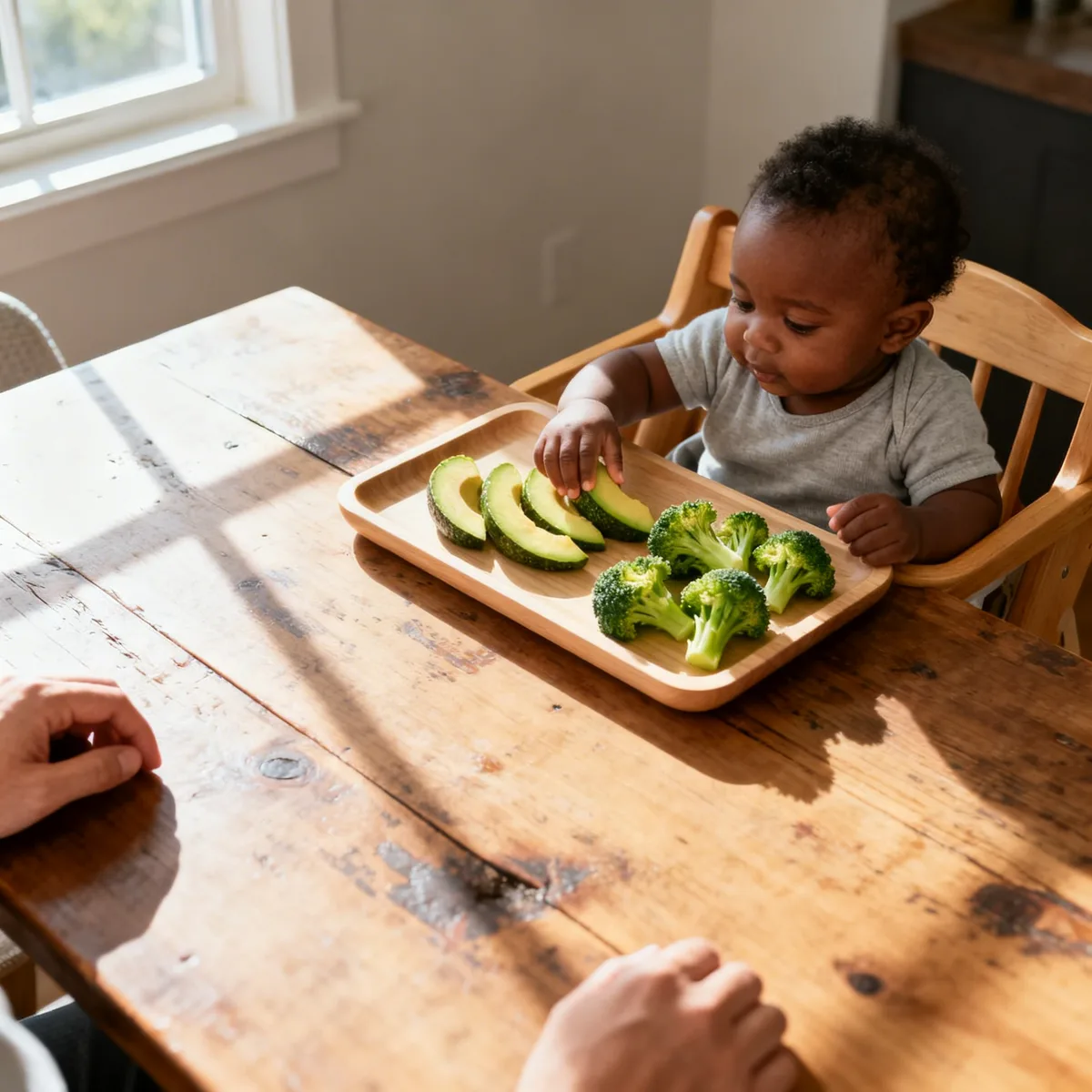 Baby-led weaning: Mixed-race infant self-feeding soft foods from high chair tray during first weaning attempt