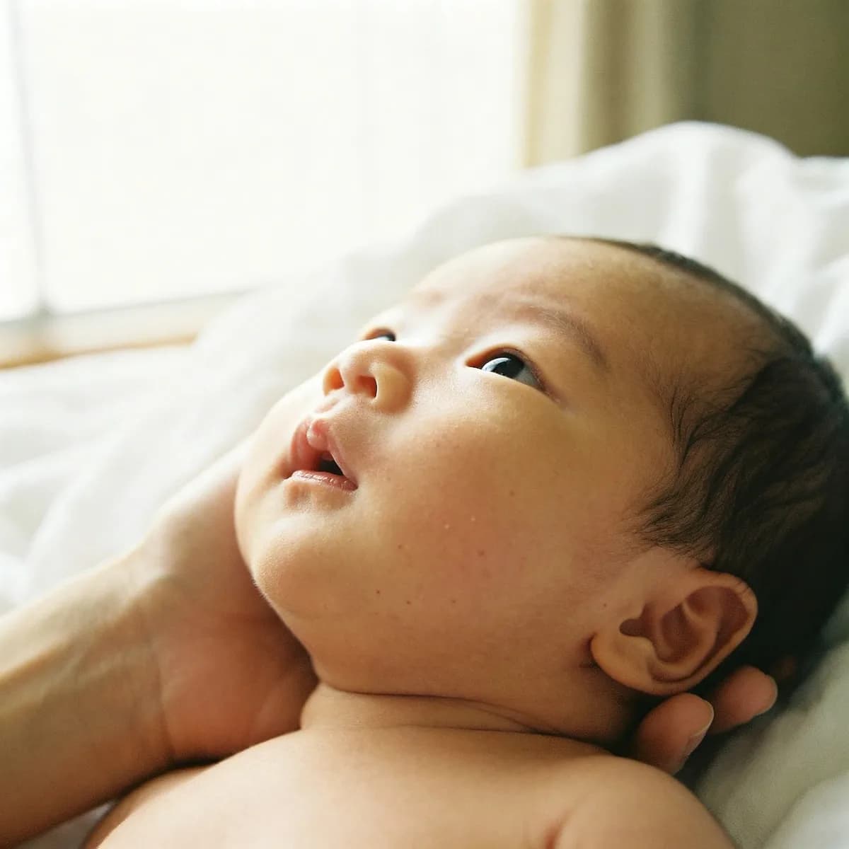 Close-up of newborn's cheek showing tiny bumps on skin with parent's hand nearby
