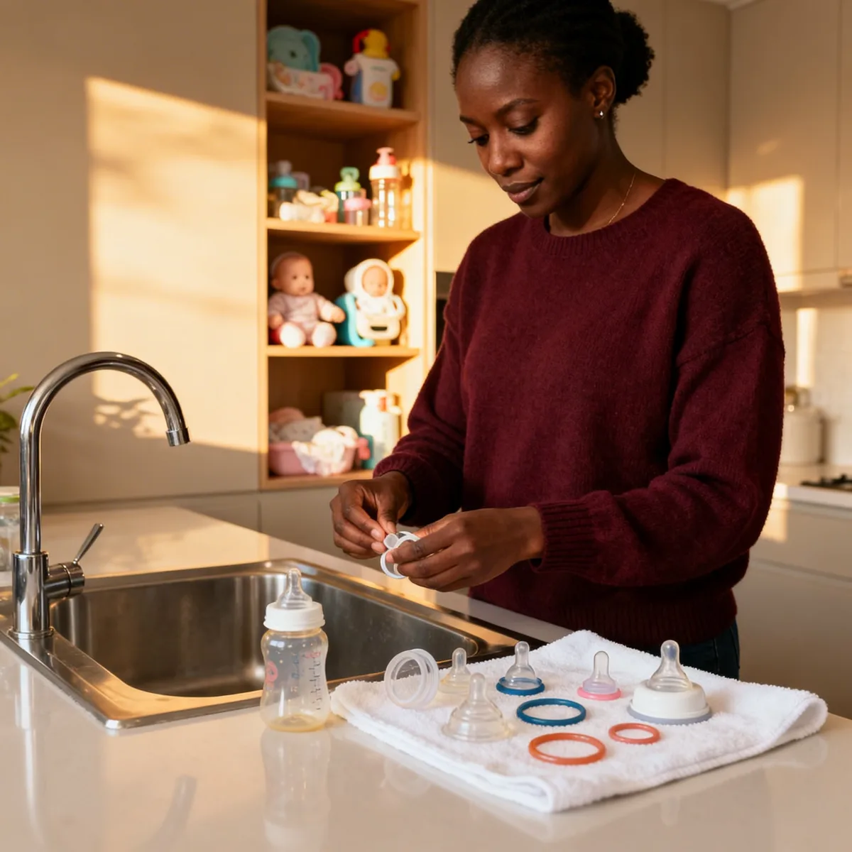 Mother disassembling feeding bottles at kitchen sink with natural light