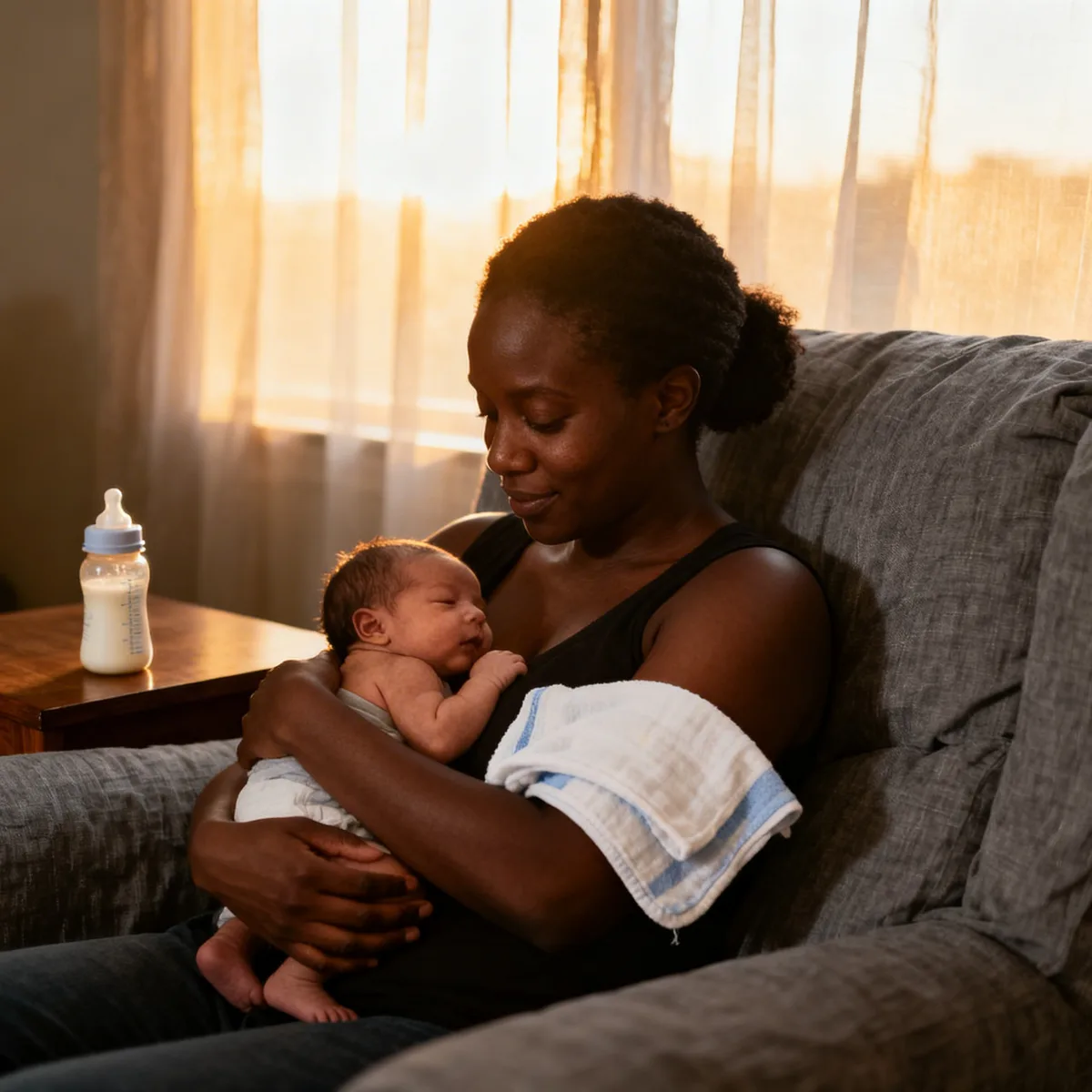 Mother reviewing newborn bottle feeding schedule with formula bottle nearby