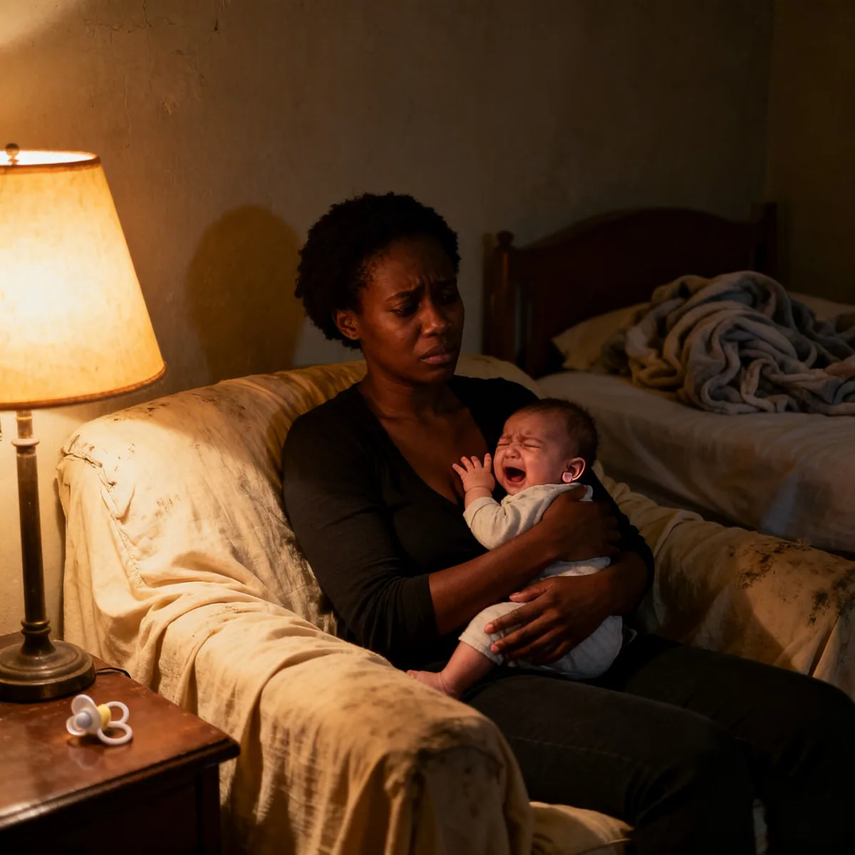 Exhausted mother holding fussy infant at night, baby touching ear, showing signs of infant ear infection