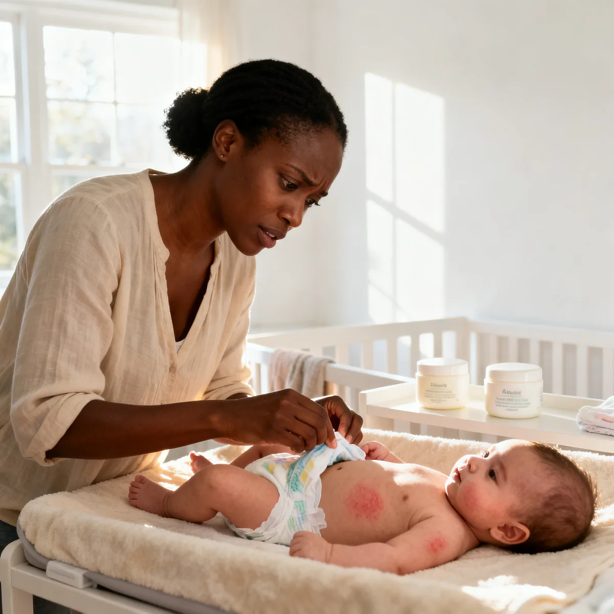 Mother inspecting baby's diaper rash during change with antifungal cream supplies nearby