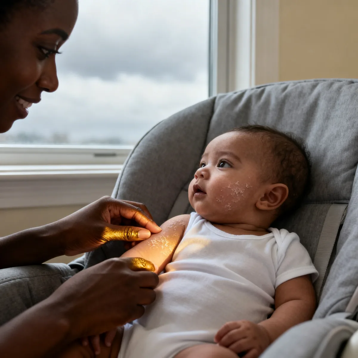 Mother examines newborn's dry flaky skin in natural window light