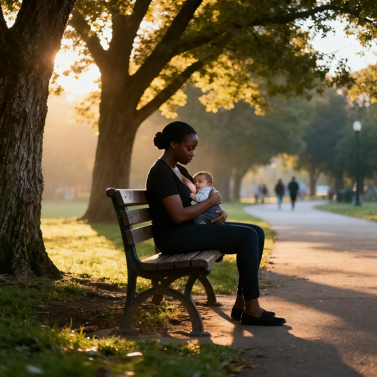 Mother breastfeeding confidently on park bench in natural daylight