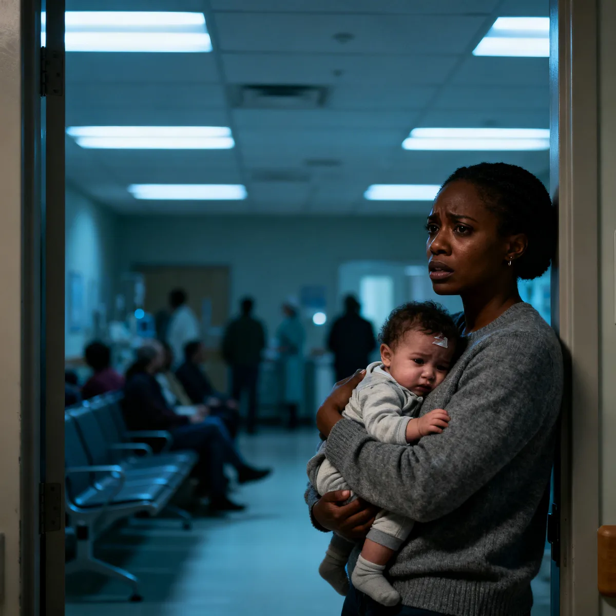 Black mother holding feverish infant in ER waiting room, concerned expression during late-night fever evaluation