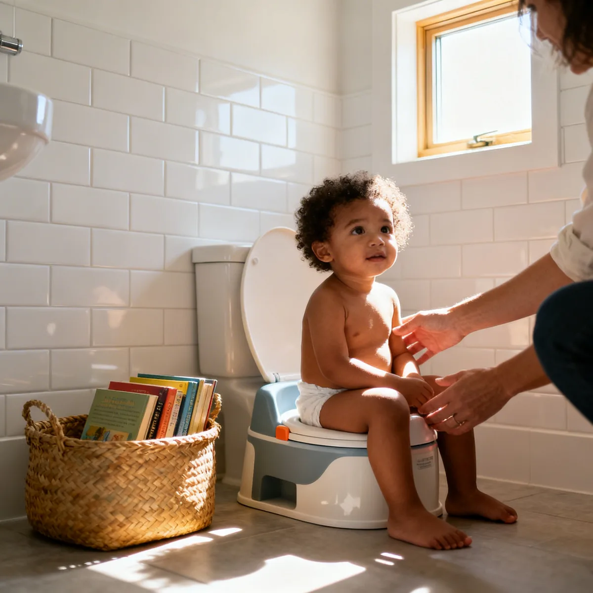 Toddler sitting on child potty with parent support during potty training readiness moment