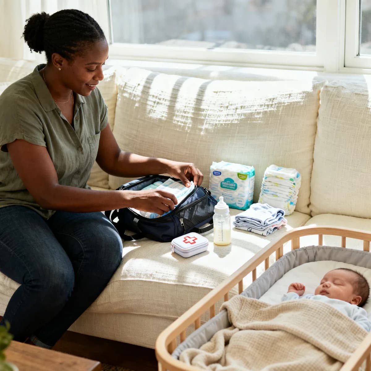 Mom organizing diaper bag list for newborn on couch with essentials displayed