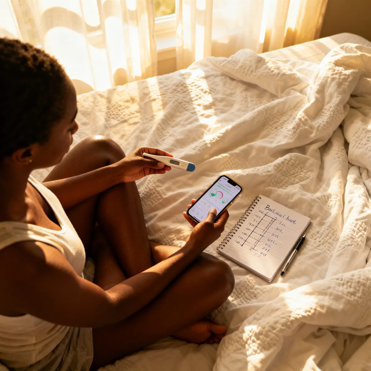 Woman tracking fertile window symptoms with thermometer and fertility app on bed