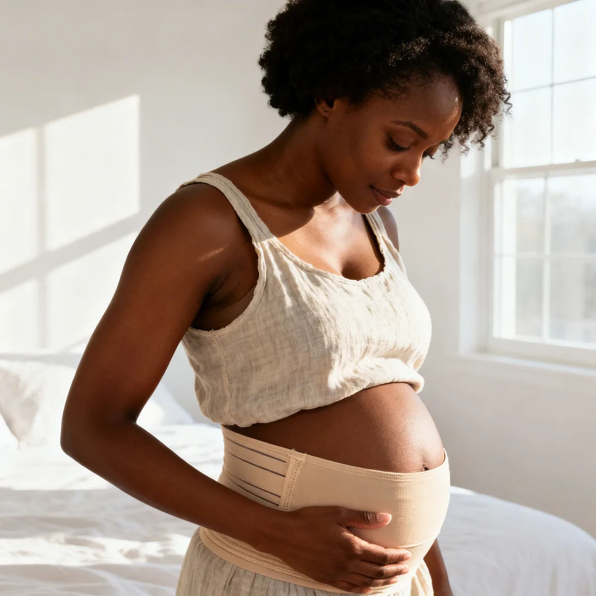 Mother wearing diastasis recti belly band for postpartum core support and pain relief
