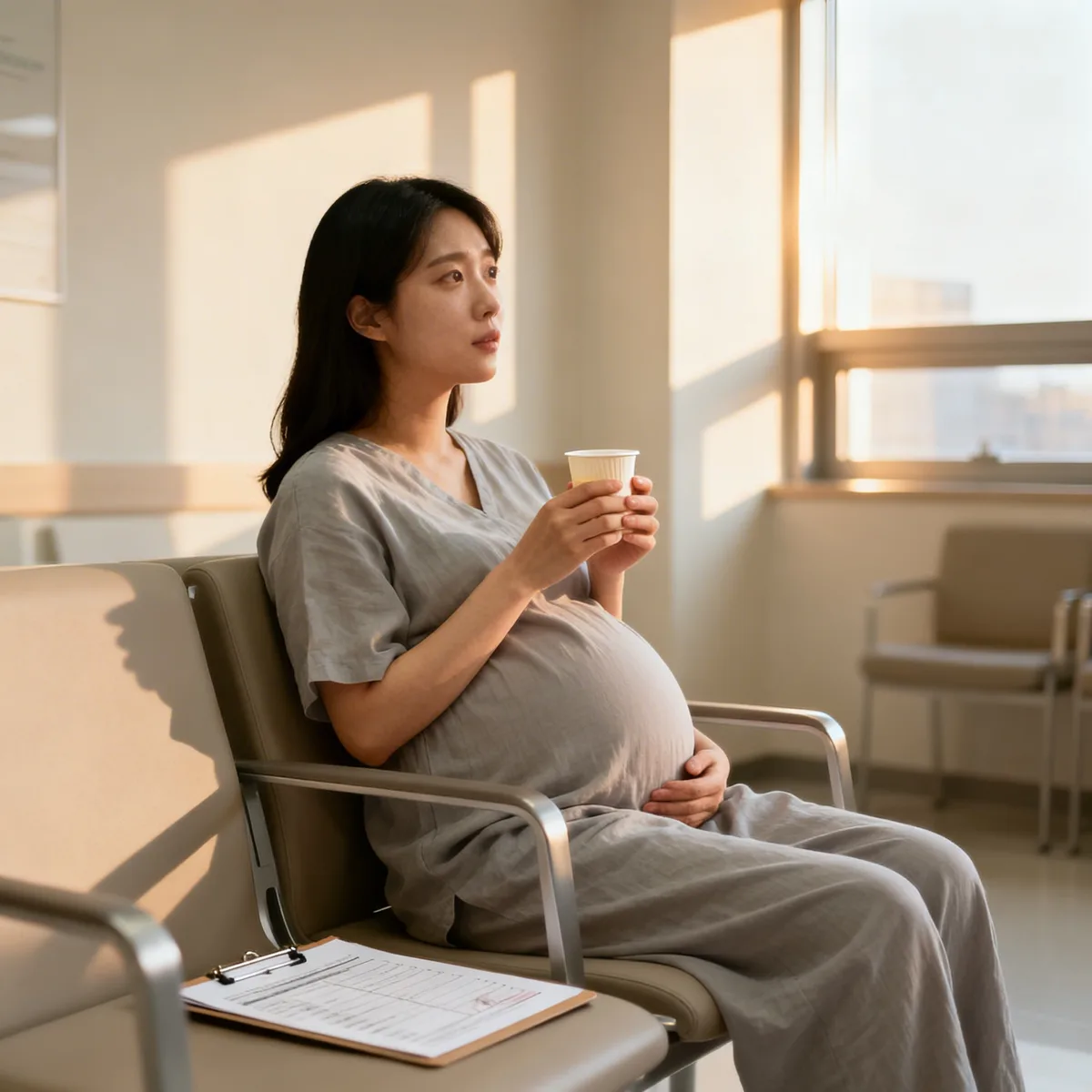 Pregnant woman in clinic holding glucose drink for glucose tolerance test