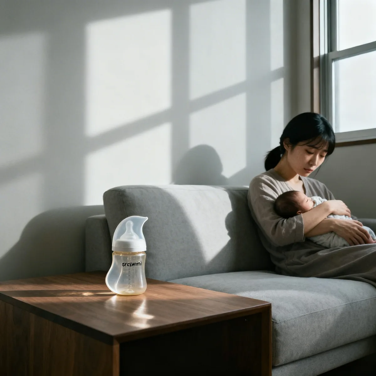 Korean mother holding newborn on sofa in soft afternoon light, showing postpartum anxiety symptoms awareness