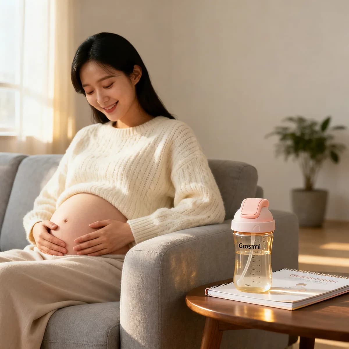 Pregnant Korean woman at 20 weeks touching her belly on a couch in natural light