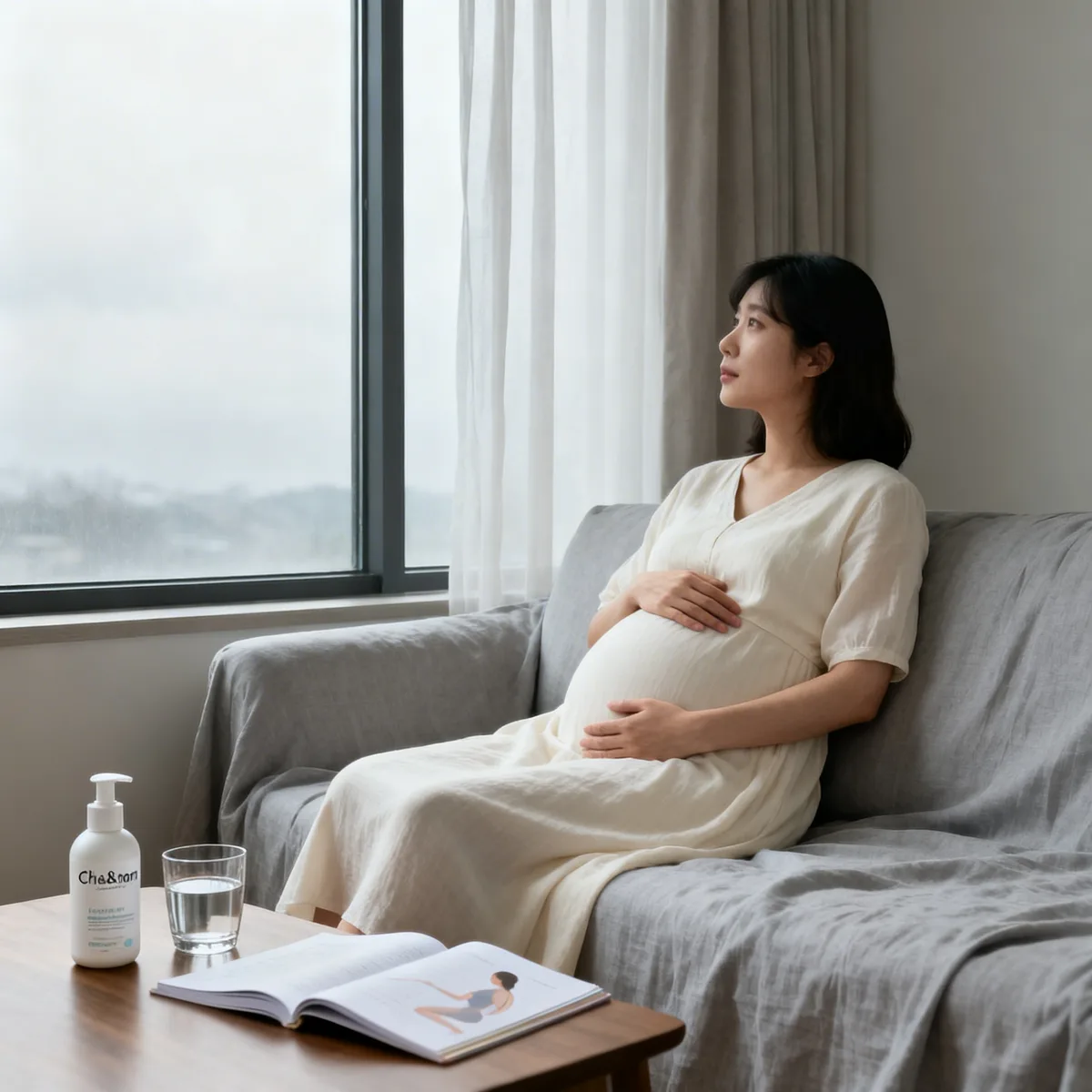 Pregnant woman at 36 weeks resting by window, preparing for labor