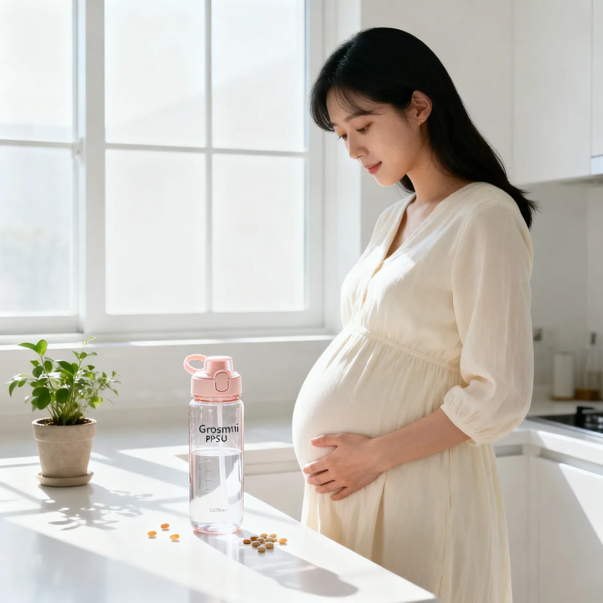 Pregnant woman at 32 weeks in white kitchen with water bottle