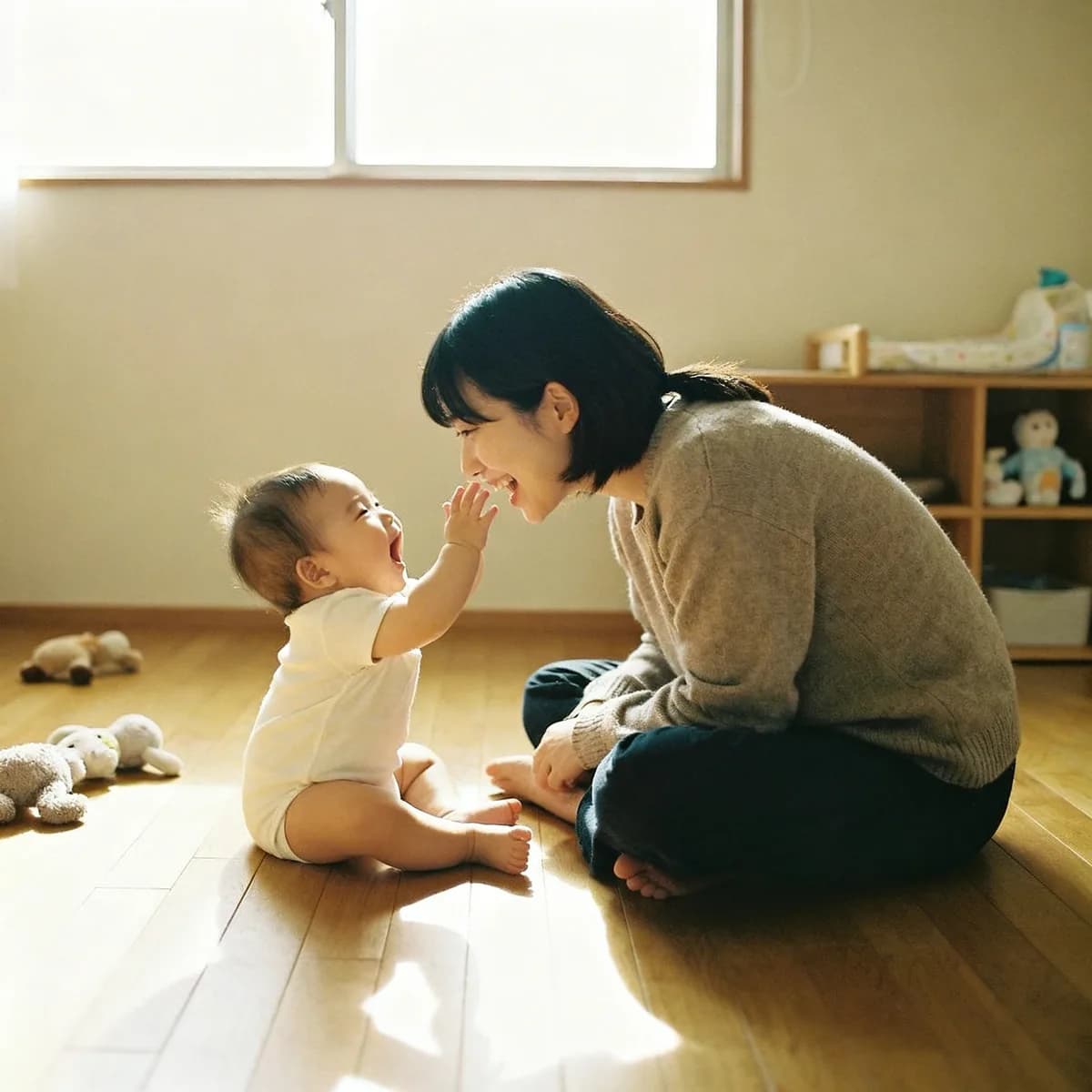 Korean mother listening to baby babble on wooden floor in bright, minimalist living room