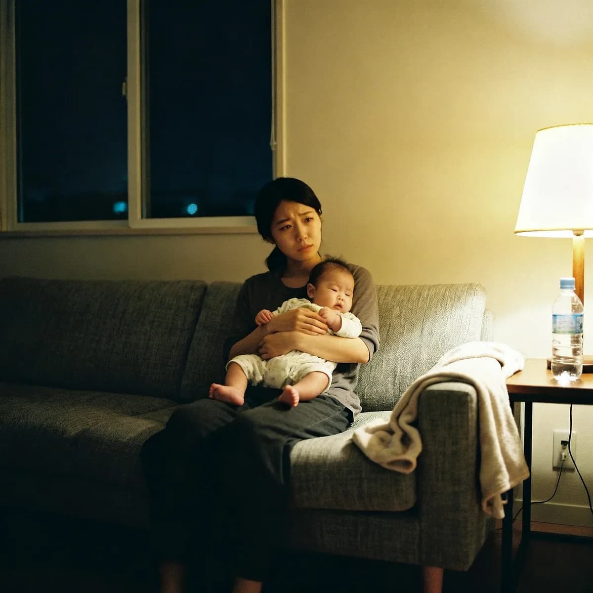 Tired mother holds awake baby at night during the 4-month leap