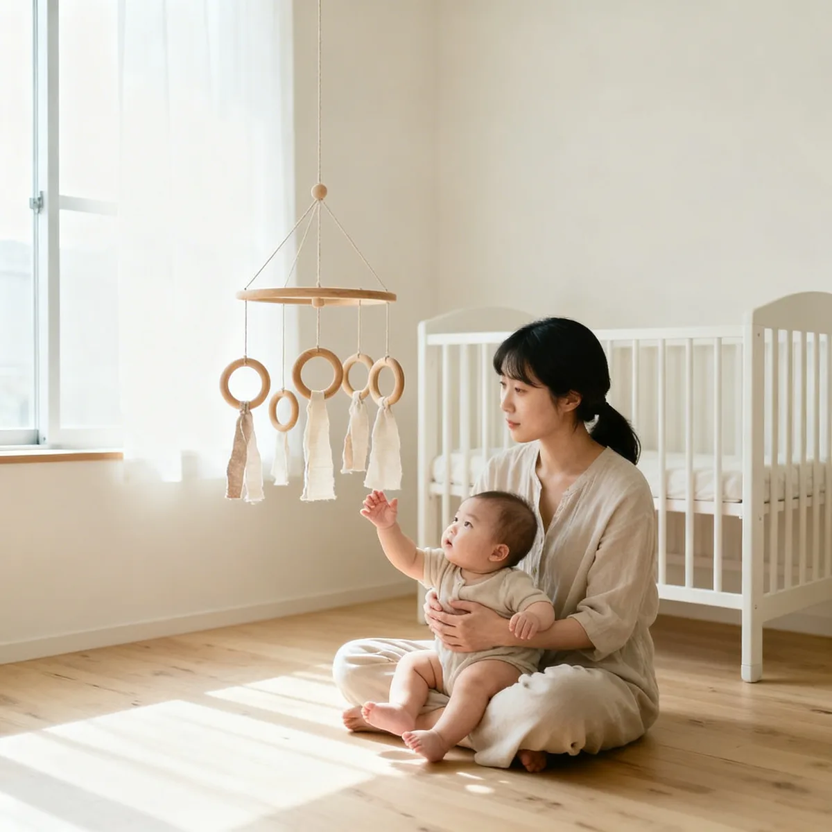 Korean mother and baby engaging in sensory play with wooden mobile in bright nursery