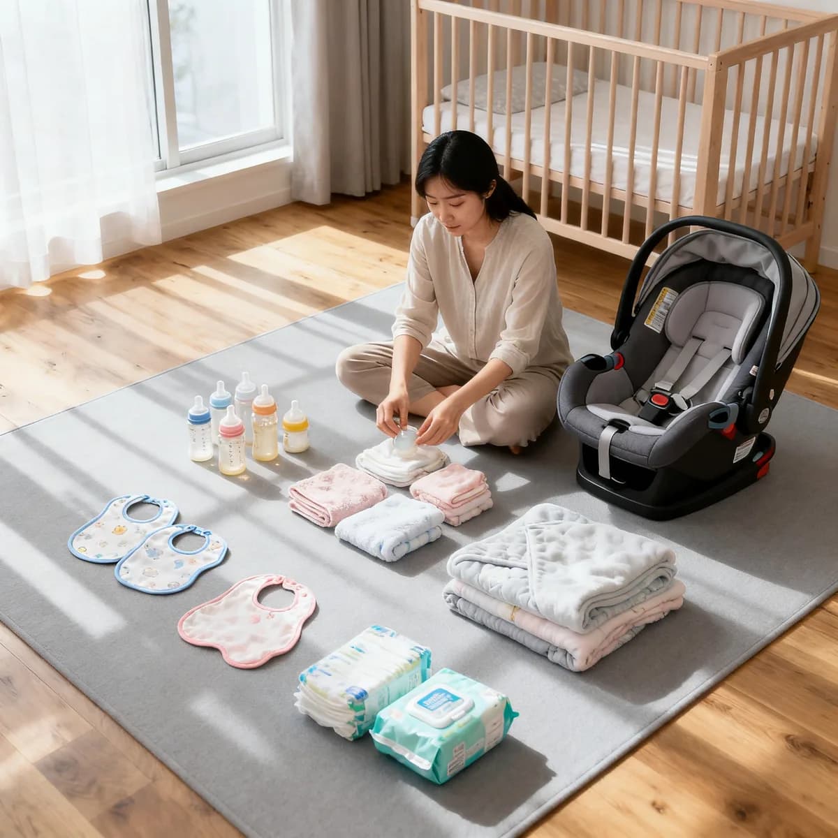 Korean mother organizing essential baby registry must-haves on nursery floor with feeding and sleep items
