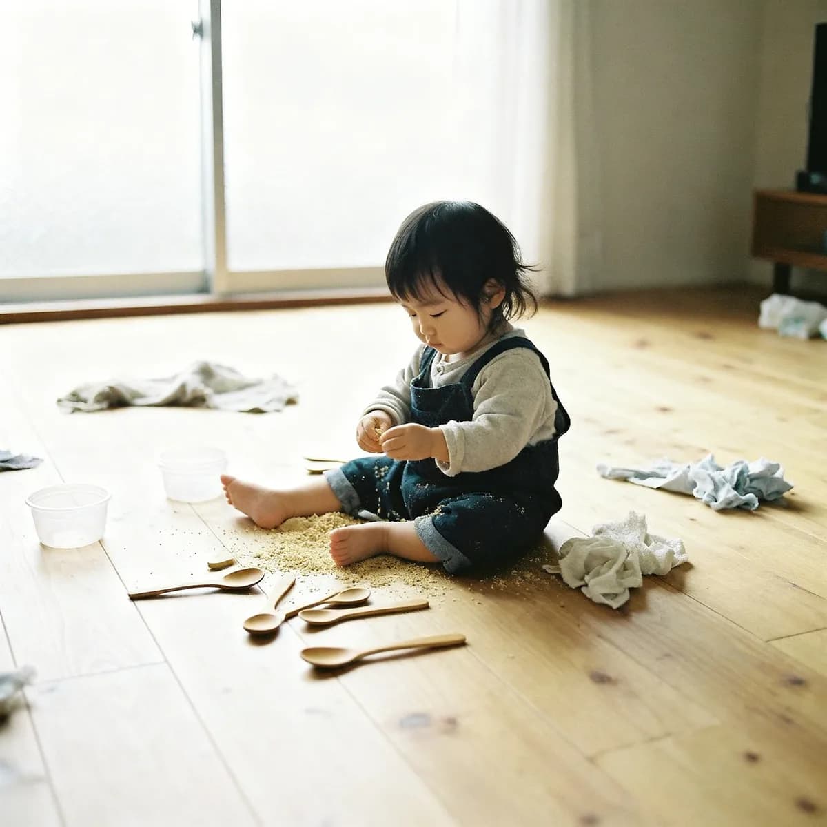 Toddler activities at home using everyday household items on a wooden floor