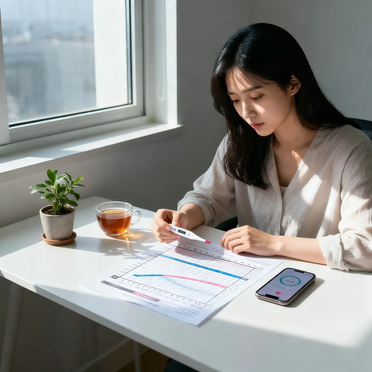 Korean woman tracking ovulation at desk with thermometer and cycle chart