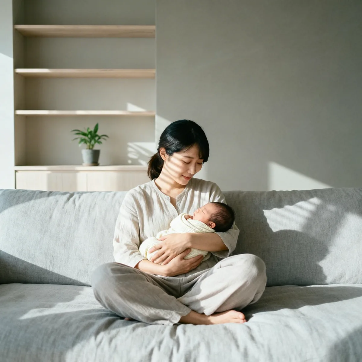 Korean mother holding newborn baby boy on sofa with natural light—trending baby boy names 2026