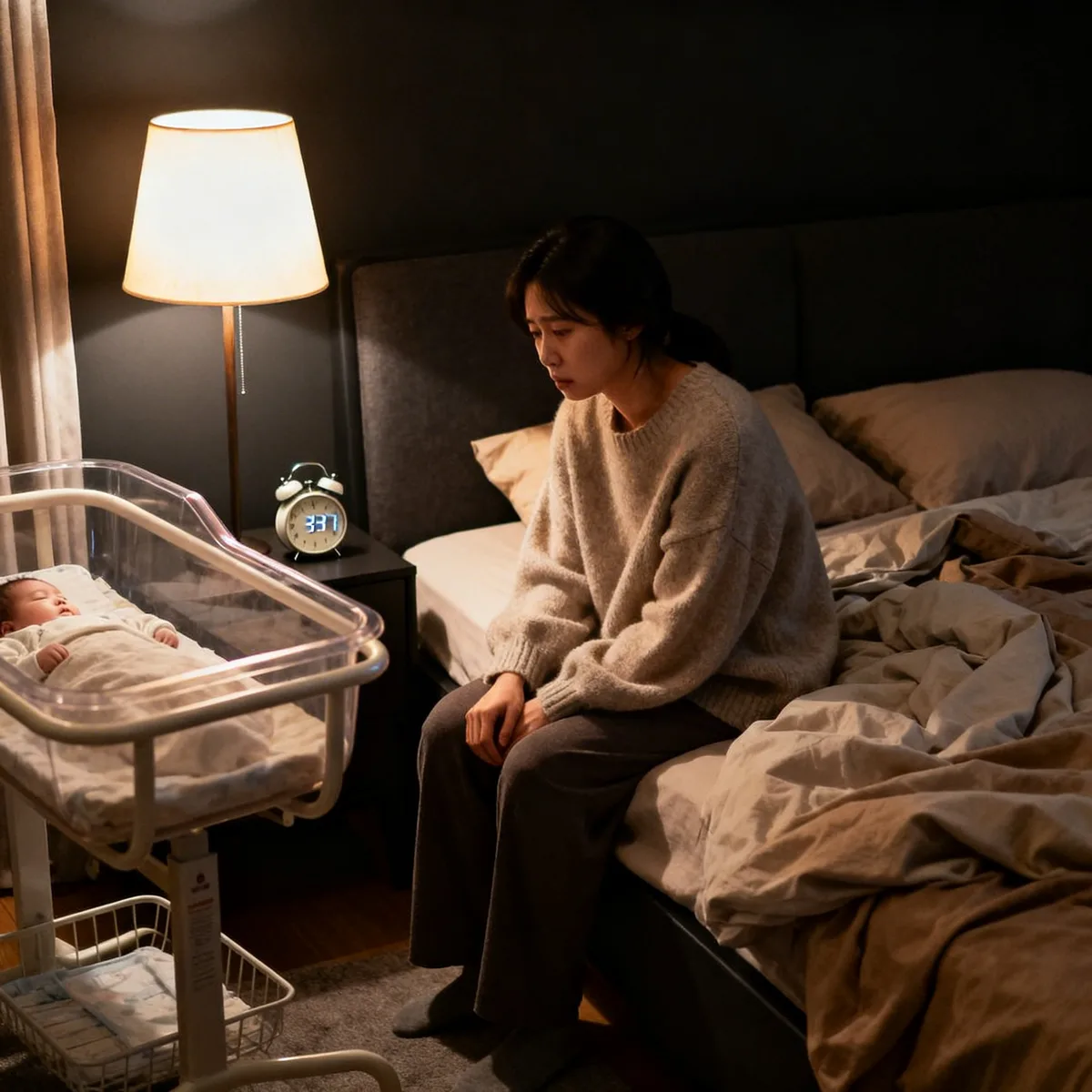Exhausted mother at 3am during 3 month sleep regression, sitting by baby's bassinet in dim bedroom light