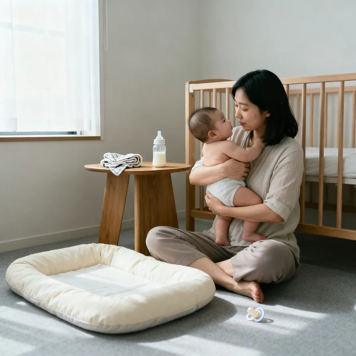 Korean mother holding 4-month-old baby upright for feeding burp, soft window light