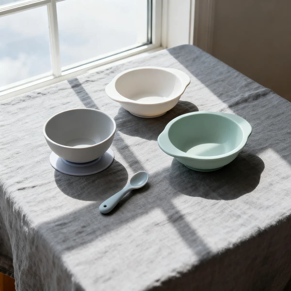 Overhead flat lay of three different suction and self-feeding bowls on gray linen with natural window light