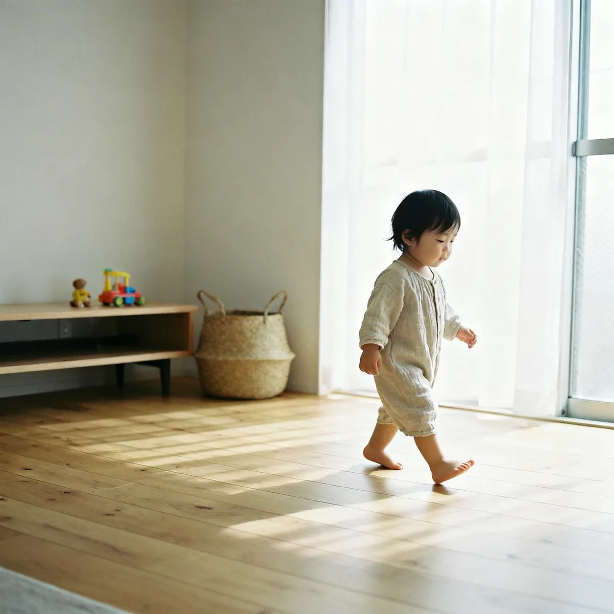 Toddler taking deliberate steps across wooden floor in natural window light