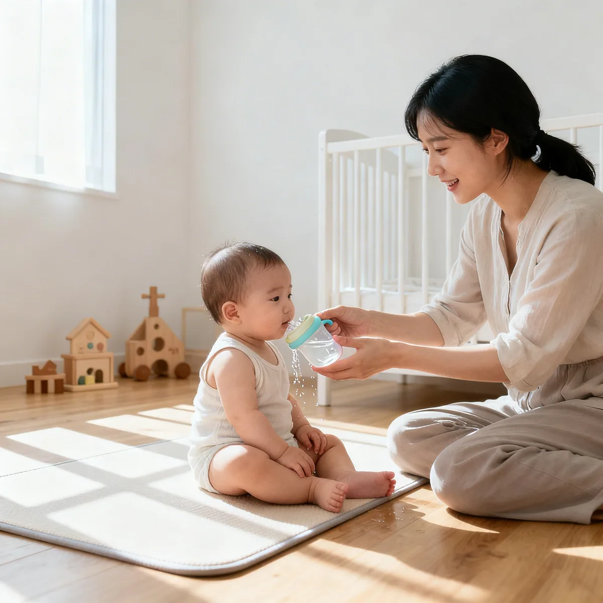 Korean mother introducing water to 6-month-old baby in nursery with morning light