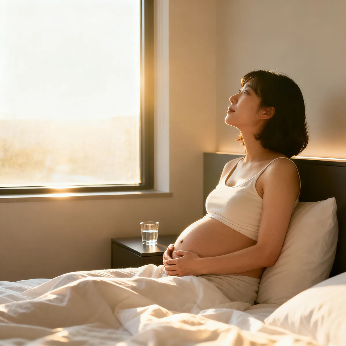 Pregnant woman at 6 weeks touching her belly by bright window, early pregnancy moment