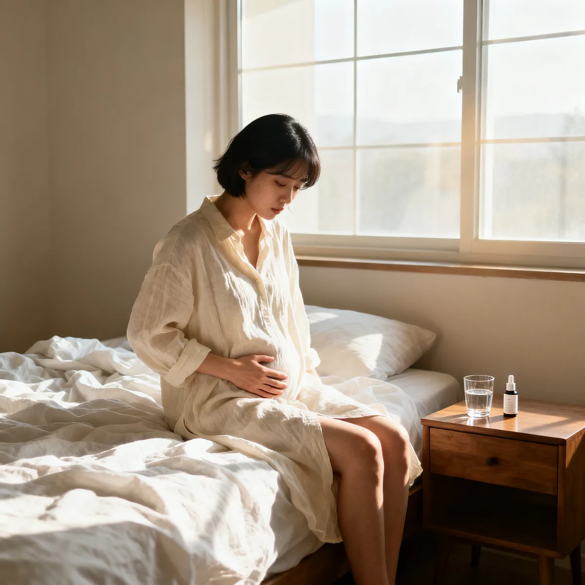Pregnant woman at 8 weeks resting hand on belly during early morning