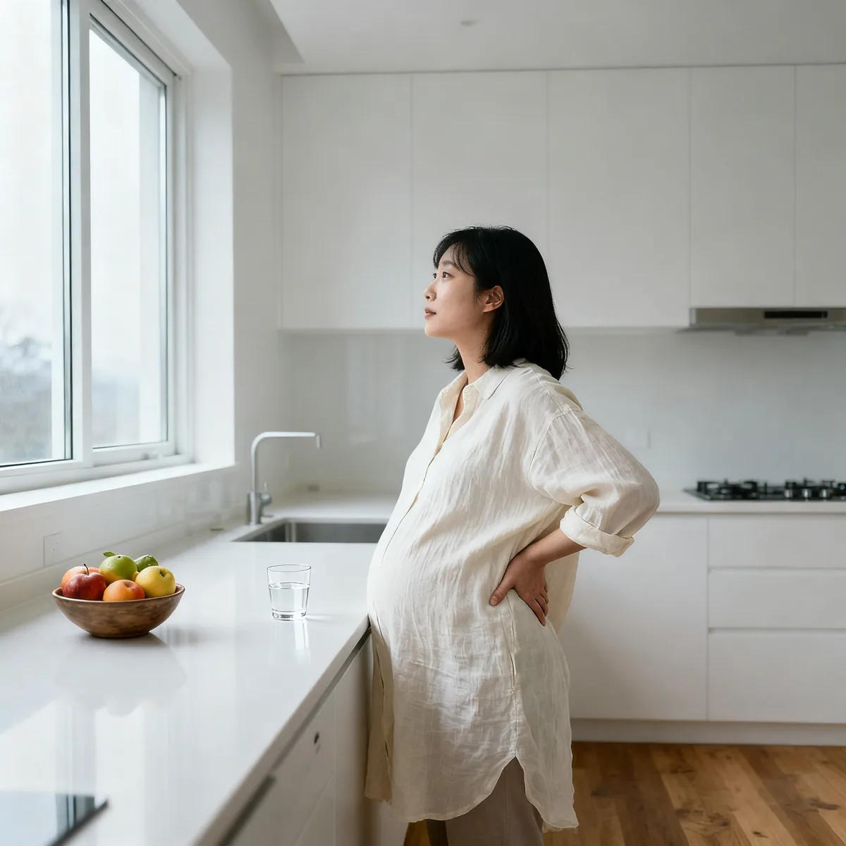 Korean mother at 30 weeks pregnant standing in bright kitchen, hand on lower back, looking out window