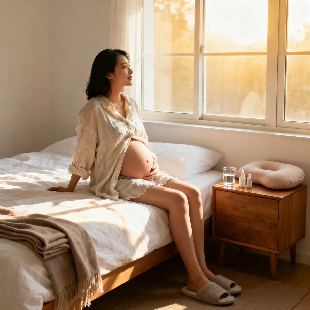 Pregnant woman at 34 weeks sitting by window in bright bedroom preparing for birth